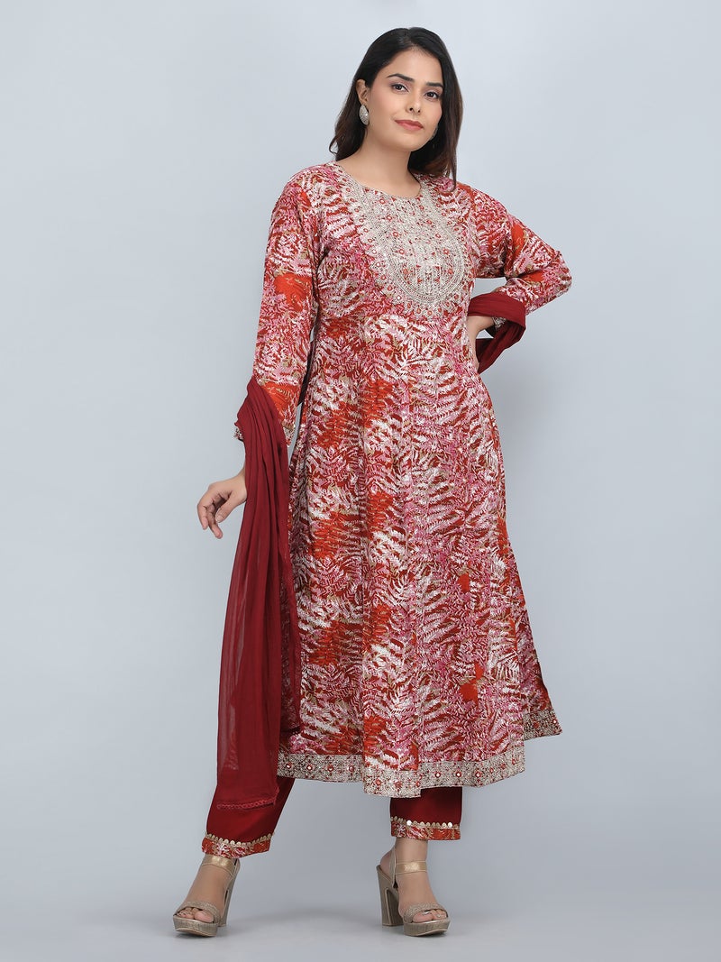 Shifory Floral Print Maroon Anarkali Kurti Pant & Dupatta Set for Women - Image 4